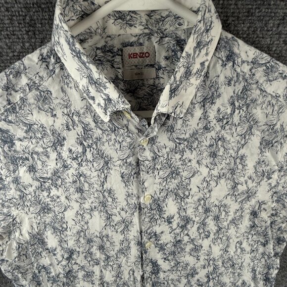 KENZO Button Up Shirt Long Sleeve Slim Fit Blue Gray Floral Size 16 Adult Cotton - Picture 1 of 16